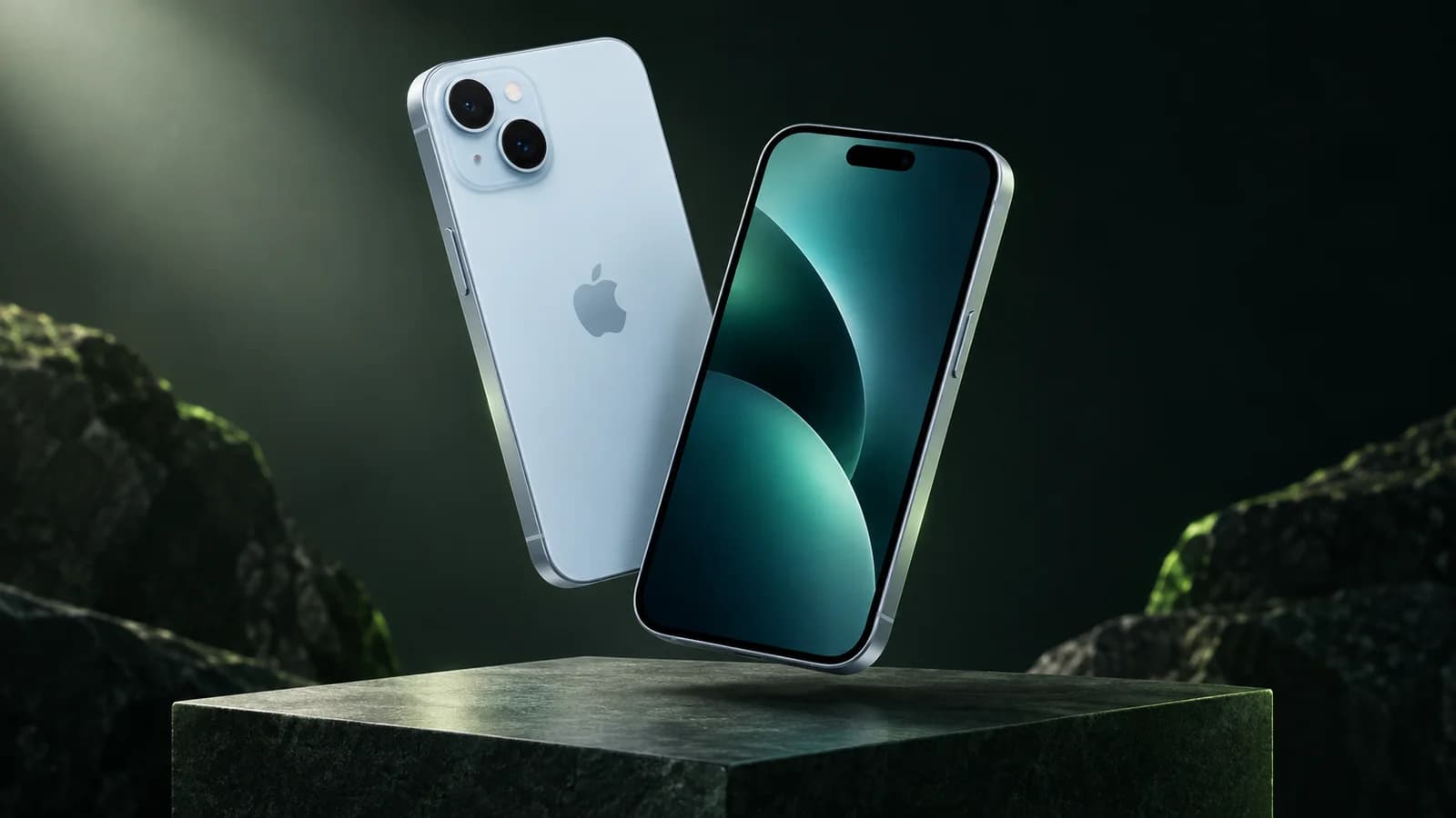 ブルーのiPhone 15を前面と背面から描いた商品イメージ