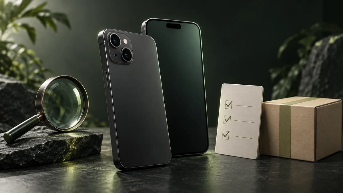 iPhoneと虫眼鏡、チェック用紙、配送箱を組み合わせた購入前確認の生成イメージ